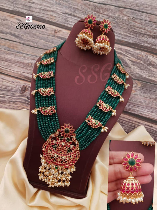 Buy Shringaar Splash Long Green Beads Round Shape Pendant With Earrings Haram Set