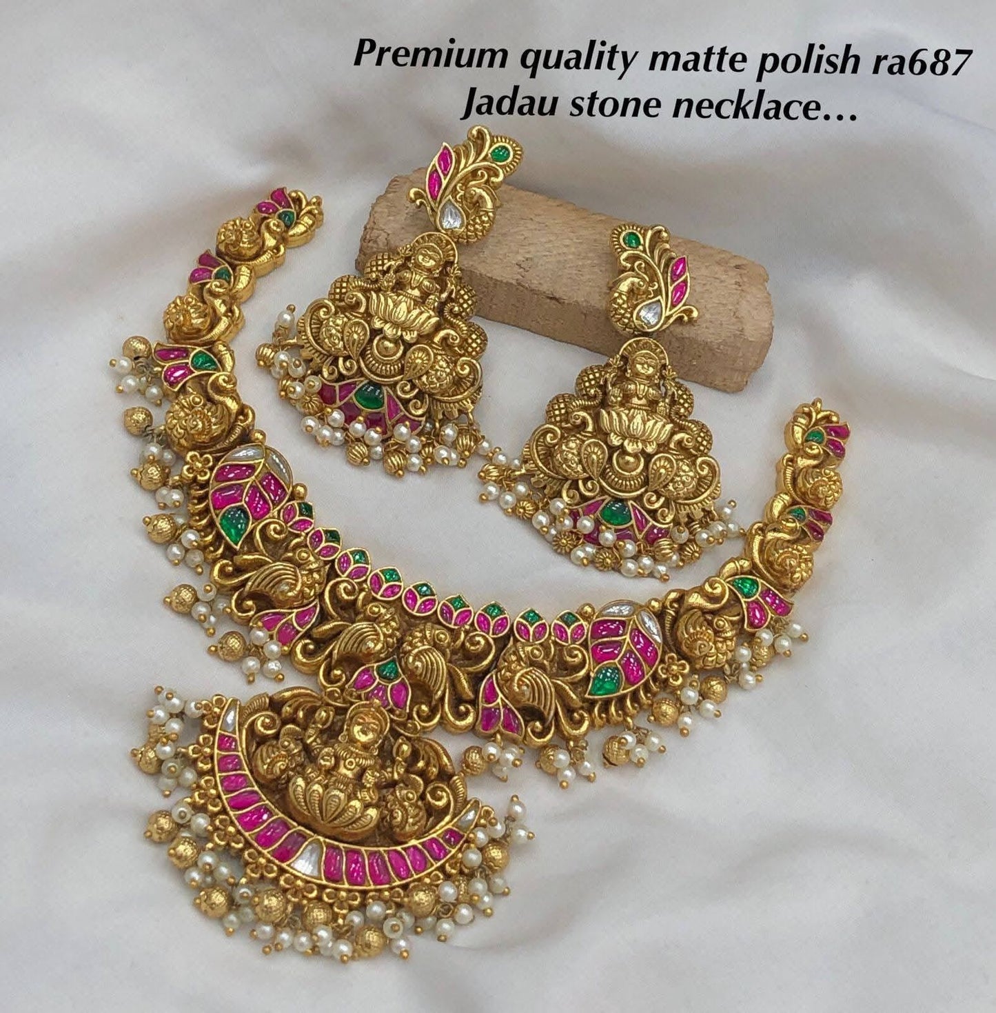 Lakshmi Necklace Set for Women – Matte Finish Temple Jewelry with Earrings